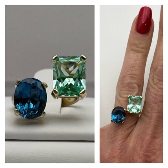 14k Gold Two Stone Ring London Blue Mint Green Spinel Negative Space Adjustable - Picture 5 of 10